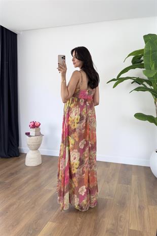 Violet Pembe Çiçek Desenli Askı Ayarlanabilir Astarlı Şifon Elbise