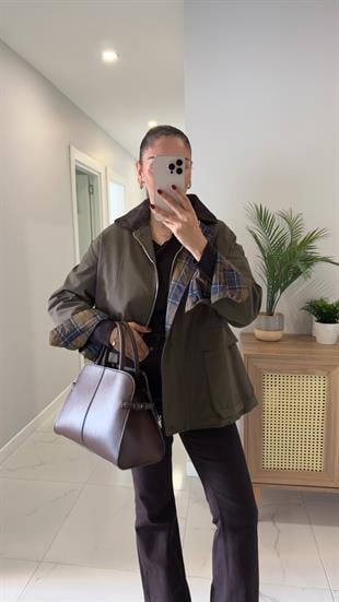 Virena Haki Kadife Yaka Cepli Ceket