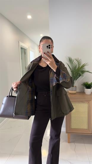 Virena Haki Kadife Yaka Cepli Ceket