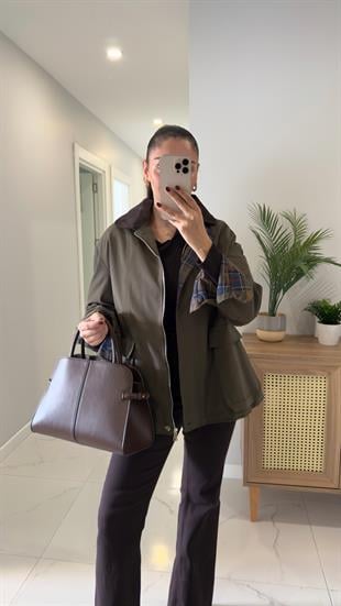 Virena Haki Kadife Yaka Cepli Ceket