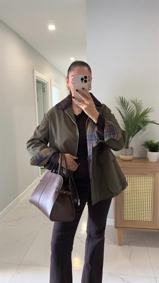 Virena Haki Kadife Yaka Cepli Ceket