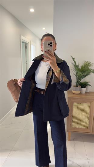 Virena Lacivert Kadife Yaka Cepli Ceket