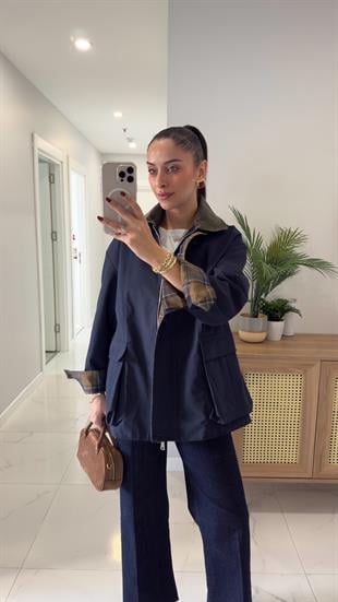 Virena Lacivert Kadife Yaka Cepli Ceket