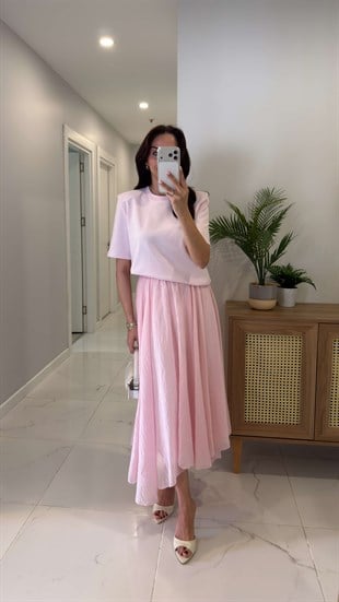 Vode Pembe Asimetrik Kesim Astarlı Etek