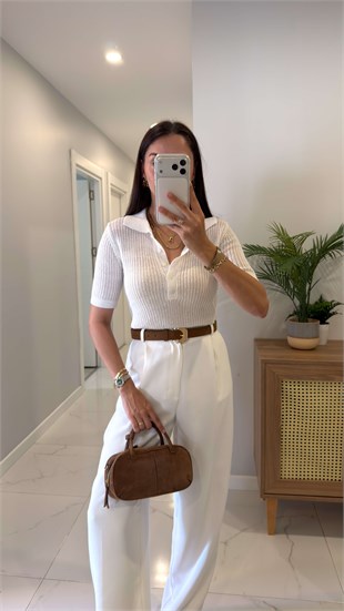 Vohes Ekru Simli Polo Yaka Kısa Kollu Triko