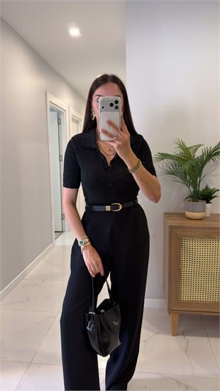 Vohes Siyah Simli Polo Yaka Kısa Kollu Triko