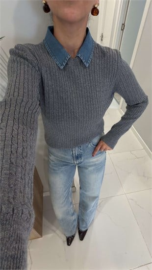 Volle Gri Çıkarılabilir Denim Yaka Detaylı Saç Örgülü Triko