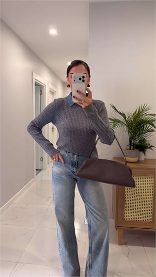 Volle Gri Çıkarılabilir Denim Yaka Detaylı Saç Örgülü Triko