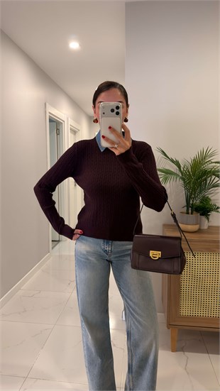 Volle Kahve Çıkarılabilir Denim Yaka Detaylı Saç Örgülü Triko