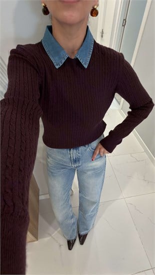 Volle Kahve Çıkarılabilir Denim Yaka Detaylı Saç Örgülü Triko