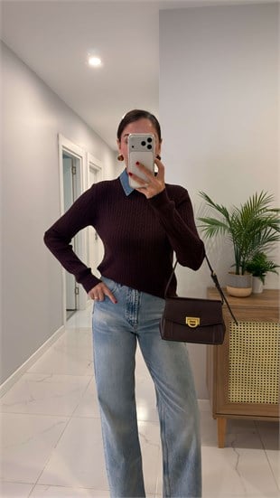 Volle Kahve Çıkarılabilir Denim Yaka Detaylı Saç Örgülü Triko