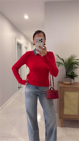 Volle Kırmızı Çıkarılabilir Denim Yaka Detaylı Saç Örgülü Triko
