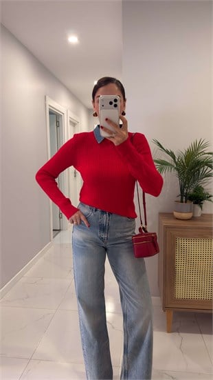 Volle Kırmızı Çıkarılabilir Denim Yaka Detaylı Saç Örgülü Triko