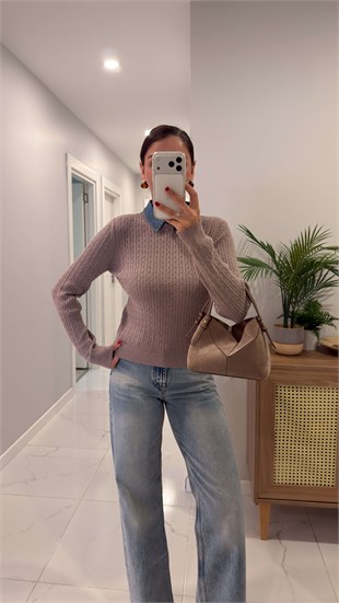 Volle Vizon Çıkarılabilir Denim Yaka Detaylı Saç Örgülü Triko