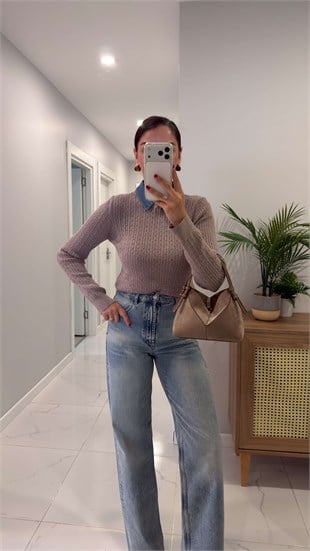 Volle Vizon Çıkarılabilir Denim Yaka Detaylı Saç Örgülü Triko