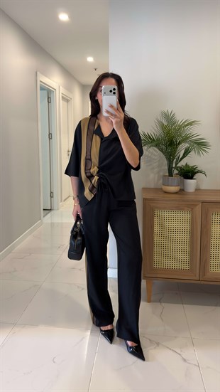 Vollida Siyah Ayarlanabilir Büzgülü Colorblock Takım
