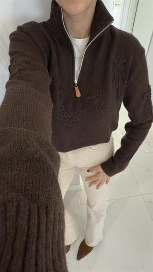 Vosre Koyu Kahve Fermuarlı İşleme Detaylı Triko