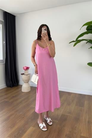 Vudy Pembe Yanları Yırtmaç Detaylı Askı Ayarlanabilir Elbise