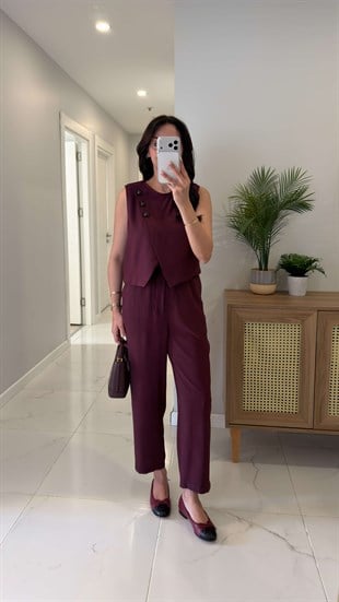 Wensla Bordo Düğme Detaylı Yelek Pantolon Takım