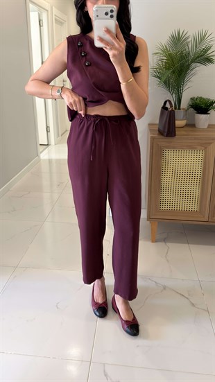 Wensla Bordo Düğme Detaylı Yelek Pantolon Takım