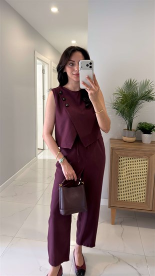 Wensla Bordo Düğme Detaylı Yelek Pantolon Takım