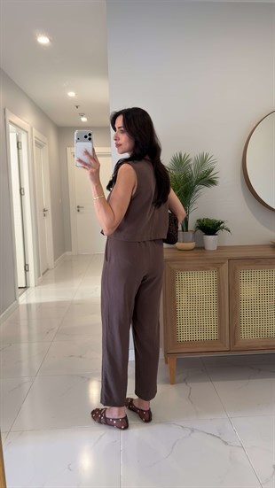 Wensla Kahve Düğme Detaylı Yelek Pantolon Takım