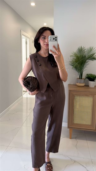 Wensla Kahve Düğme Detaylı Yelek Pantolon Takım