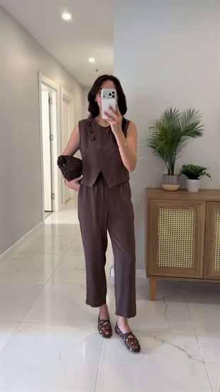 Wensla Kahve Düğme Detaylı Yelek Pantolon Takım