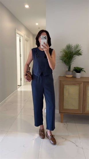 Wensla Lacivert Düğme Detaylı Yelek Pantolon Takım