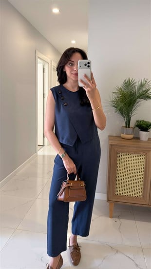Wensla Lacivert Düğme Detaylı Yelek Pantolon Takım