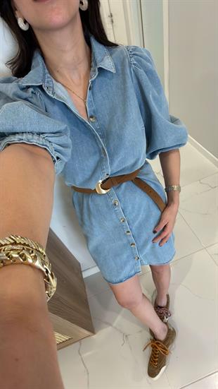 Werdos Mavi Balon Kol Detaylı Düğmeli Denim Elbise