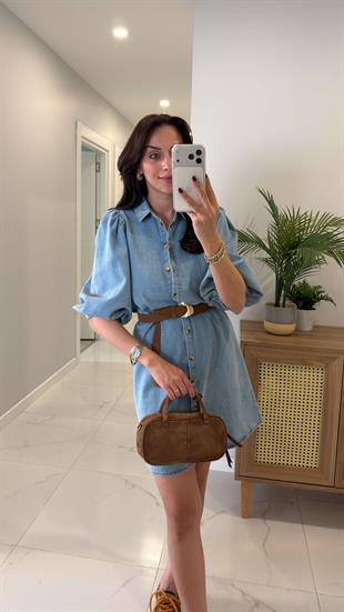 Werdos Mavi Balon Kol Detaylı Düğmeli Denim Elbise