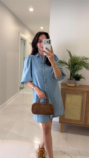 Werdos Mavi Balon Kol Detaylı Düğmeli Denim Elbise