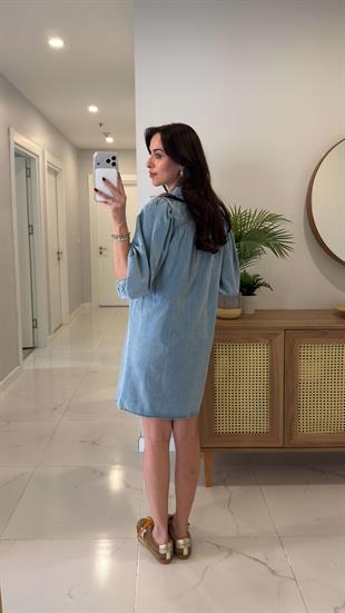 Werdos Mavi Balon Kol Detaylı Düğmeli Denim Elbise