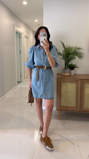 Werdos Mavi Balon Kol Detaylı Düğmeli Denim Elbise