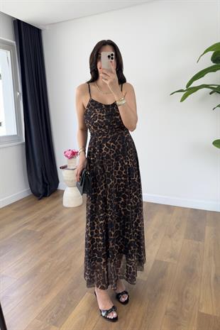 West Leopar Desenli Askı Ayarlanabilir Astarlı Elbise