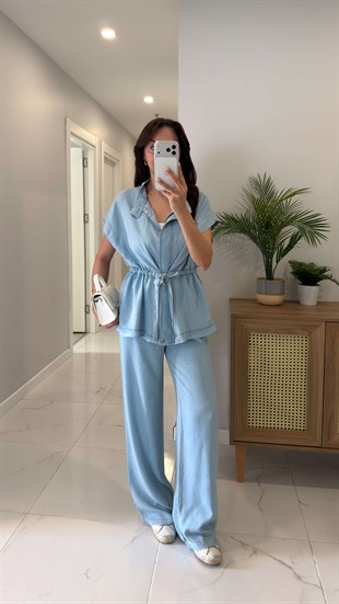 Wilas Mavi Bağlama Detaylı Kısa Kollu Denim Takım