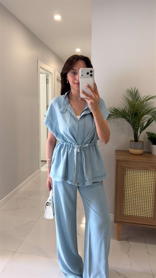 Wilas Mavi Bağlama Detaylı Kısa Kollu Denim Takım