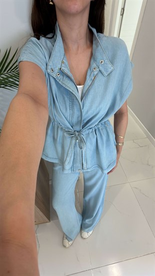 Wilas Mavi Bağlama Detaylı Kısa Kollu Denim Takım