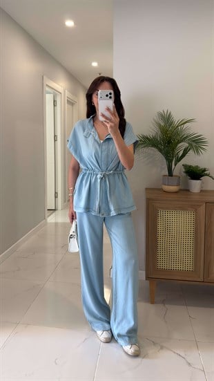 Wilas Mavi Bağlama Detaylı Kısa Kollu Denim Takım