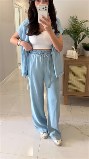 Wilas Mavi Bağlama Detaylı Kısa Kollu Denim Takım