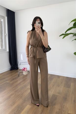 Wilda Kahve Kuşak Detaylı Bluz Pantolon Takım