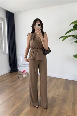 Wilda Kahve Kuşak Detaylı Bluz Pantolon Takım
