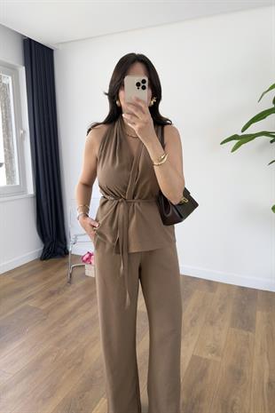 Wilda Kahve Kuşak Detaylı Bluz Pantolon Takım