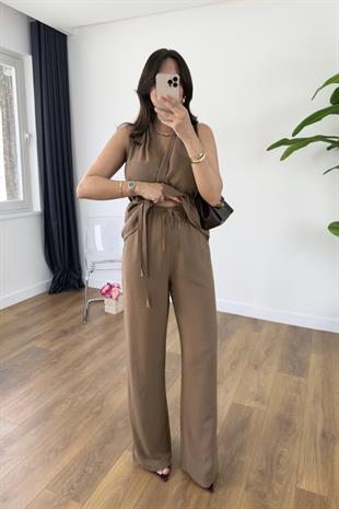 Wilda Kahve Kuşak Detaylı Bluz Pantolon Takım