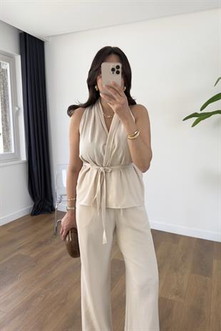 Wilda Taş Kuşak Detaylı Bluz Pantolon Takım