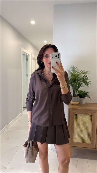 Willedra Kahve Gömlek Etekli Kemerli Tencel Takım