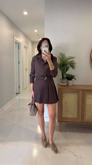 Willedra Kahve Gömlek Etekli Kemerli Tencel Takım