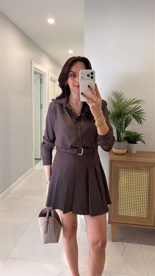 Willedra Kahve Gömlek Etekli Kemerli Tencel Takım