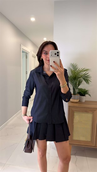 Willedra Koyu Lacivert Gömlek Etekli Kemerli Tencel Takım